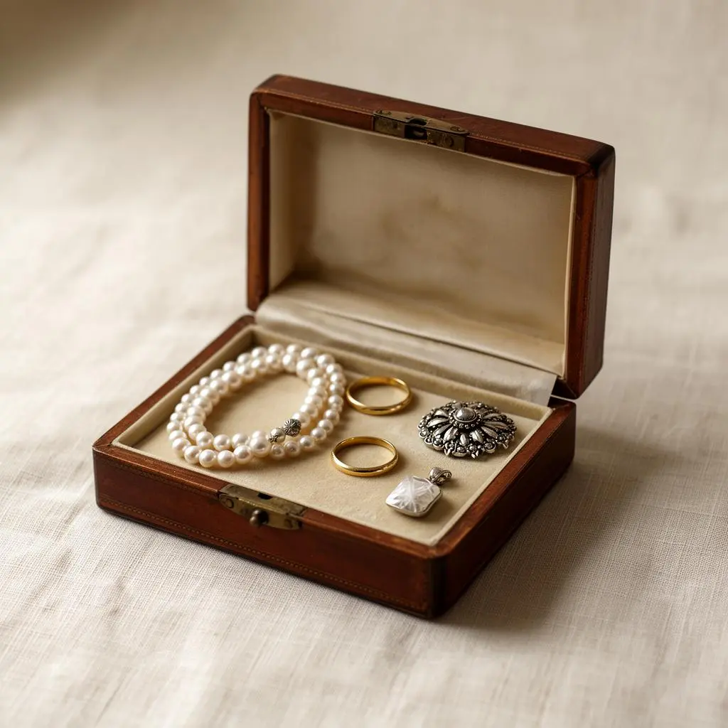 Vintage sieradendoosje met parelketting, gouden ringen en zilveren broche als erfstukken