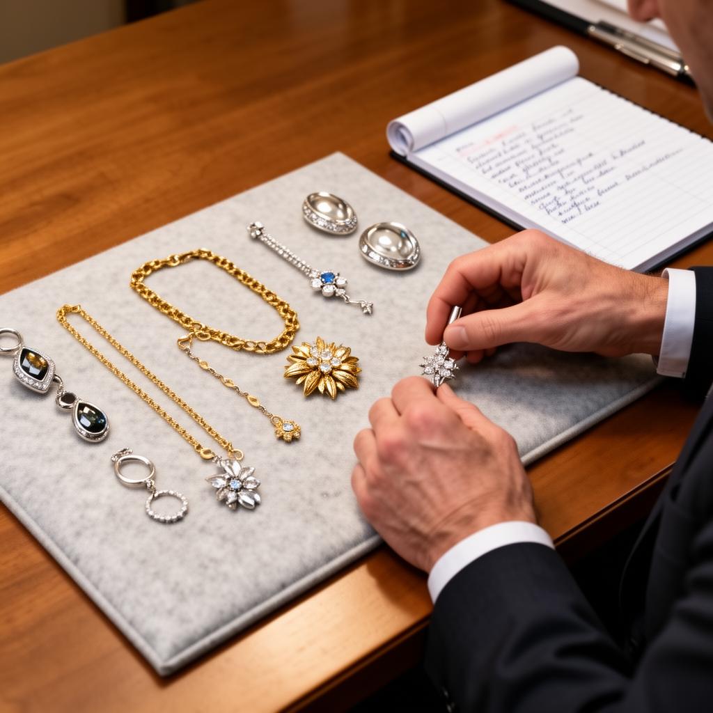 Specialist sorteert geërfde gouden en zilveren sieraden op een vilten onderlegger met notitieblok