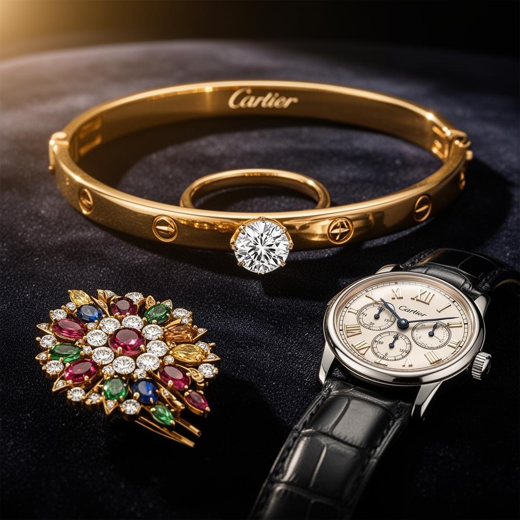 Gouden armband, diamanten solitair, vintage broche met edelstenen en klassiek horloge op donker fluweel