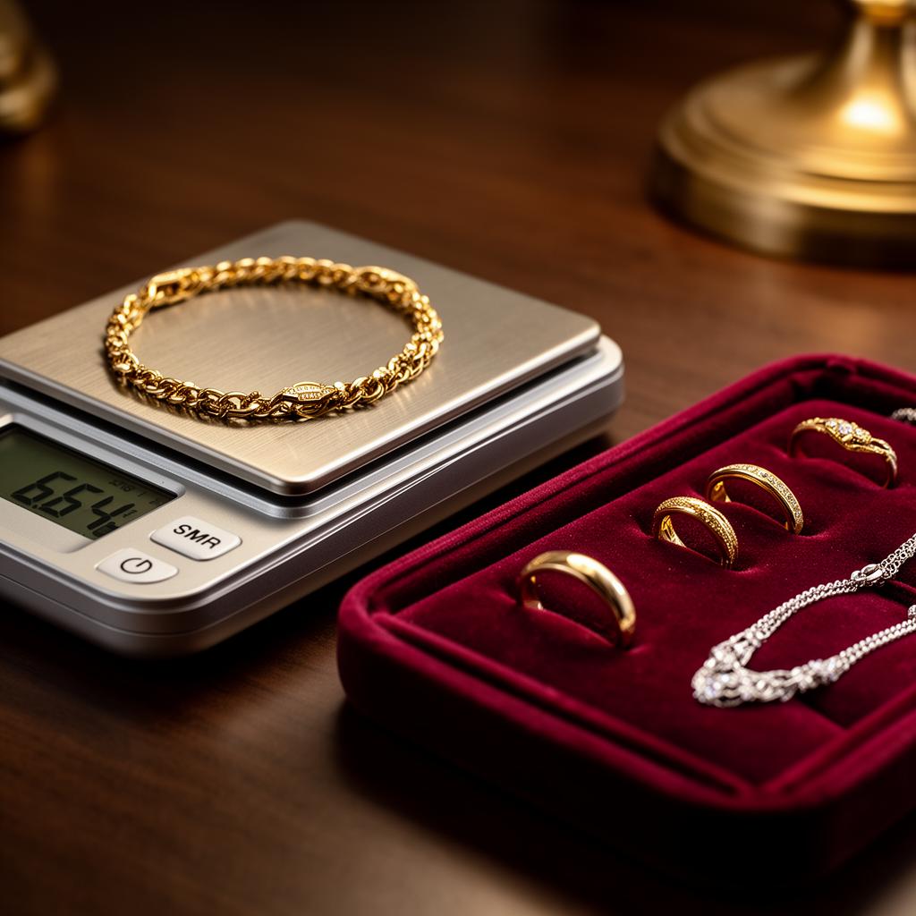 Digitale weegschaal met gouden sieraden en fluwelen presentatietray op een houten bureau